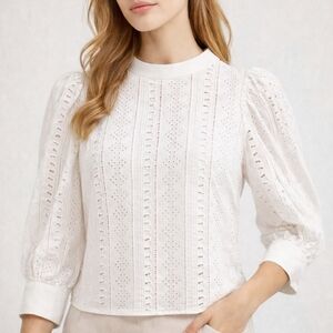 Choosy White Cropped Eyelet 3/4 Sleeve Collared Elegant White Lace Blouse SZ: XS